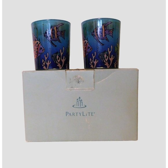 Party Lite Candle Votive Cups Fish Tales Set of 2 Boxed Multicolor 2.75 In. Tall - Picture 3 of 12